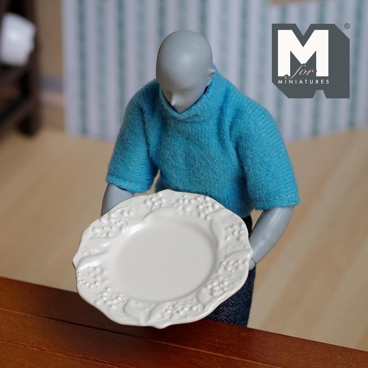 1:12 Scale Miniature Large Ceramic Plate with Embossed Floral Rim, 1-7/8 inch dia., DIY Dollhouse Supply (white)