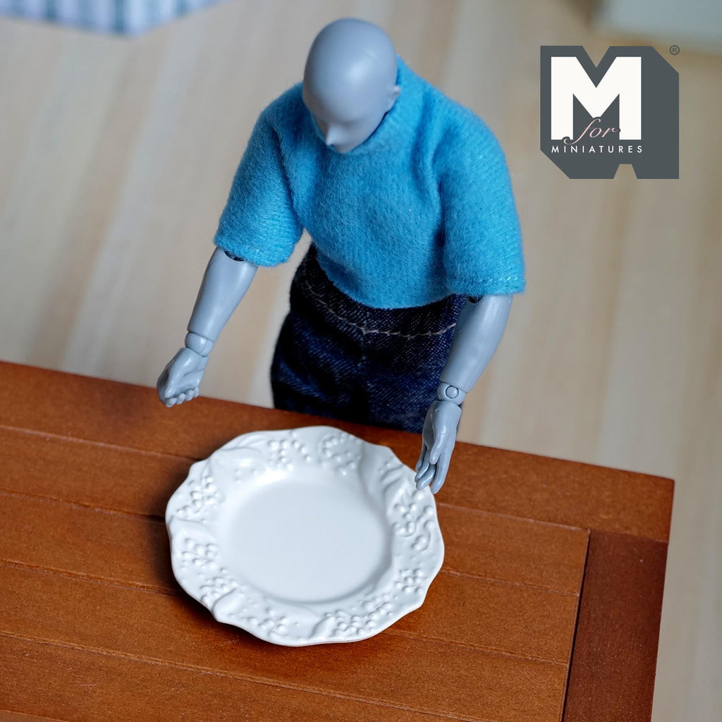 1:12 Scale Miniature Large Ceramic Plate with Embossed Floral Rim, 1-7/8 inch dia., DIY Dollhouse Supply (white)