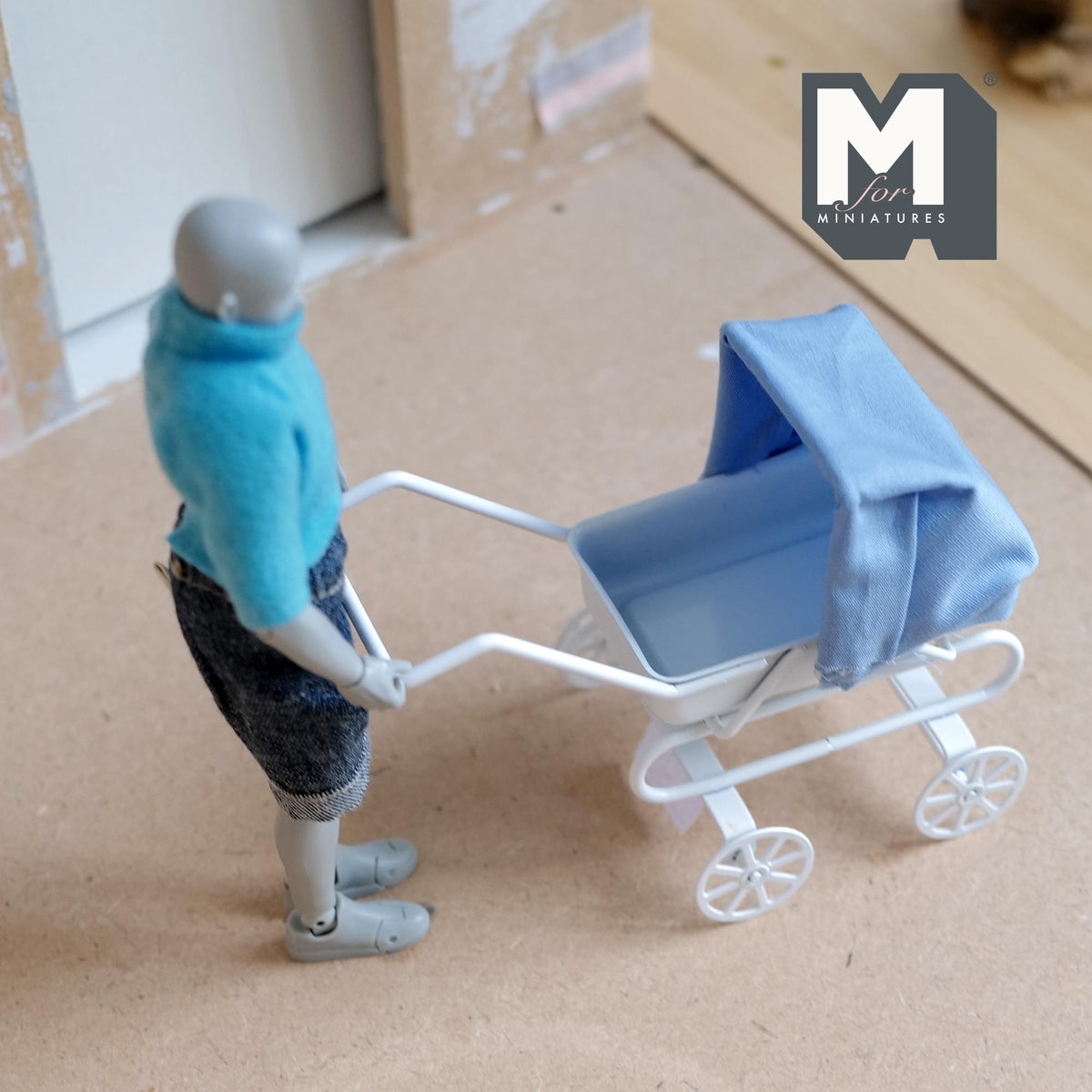 1:12 Scale Miniature Metal Baby Stroller with Fabric Hood, 3-1/4 inch tall, DIY Dollhouse Supply (light blue and white)