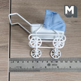 Miniature Stroller with Blue Hood 1:12 Scale Dollhouse Supplies Pram with Fabric Top 3-1/4 inch tall (metal) -