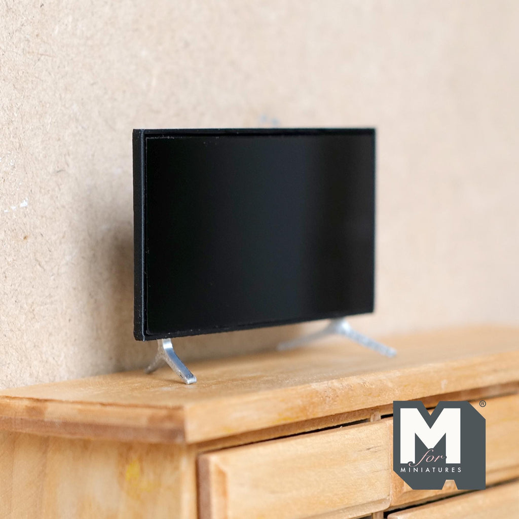 1:12 Scale Miniature Flat Screen TV with Stand Feet, 2-5/16 inch wide, DIY Dollhouse Supply (black) (non working) (eq. 32 inch TV)