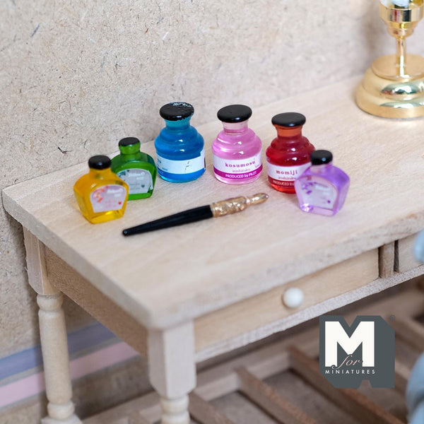Miniature Ink Bottles and Fountain Pen Set of 7 , 1:12 Scale Diorama Decoration Calligraphy Pen (non working)  - G051