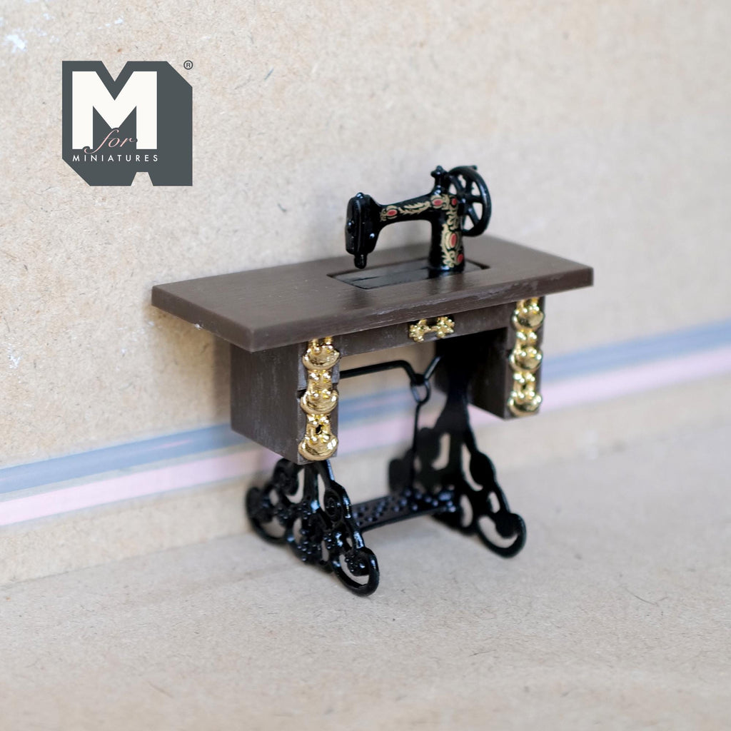 1:12 Scale Miniature Treadle Sewing Machine with Table, 3-1/16 inch tall, DIY Dollhouse Supply (black)