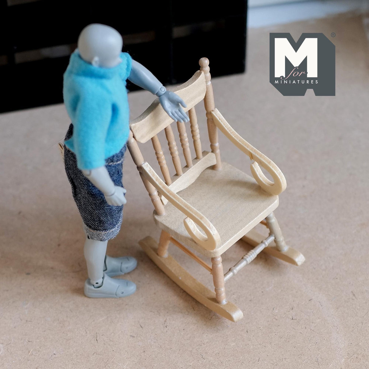 1:12 Scale Miniature Wood Rocking Chair with Spindle Back, 3-11/16 inch tall, DIY Dollhouse Supply (pine)