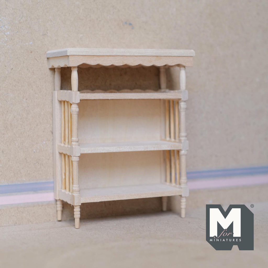 1:12 scale miniature unpainted wood bookcase with 3 shelves, slatted sides and scalloped top trim