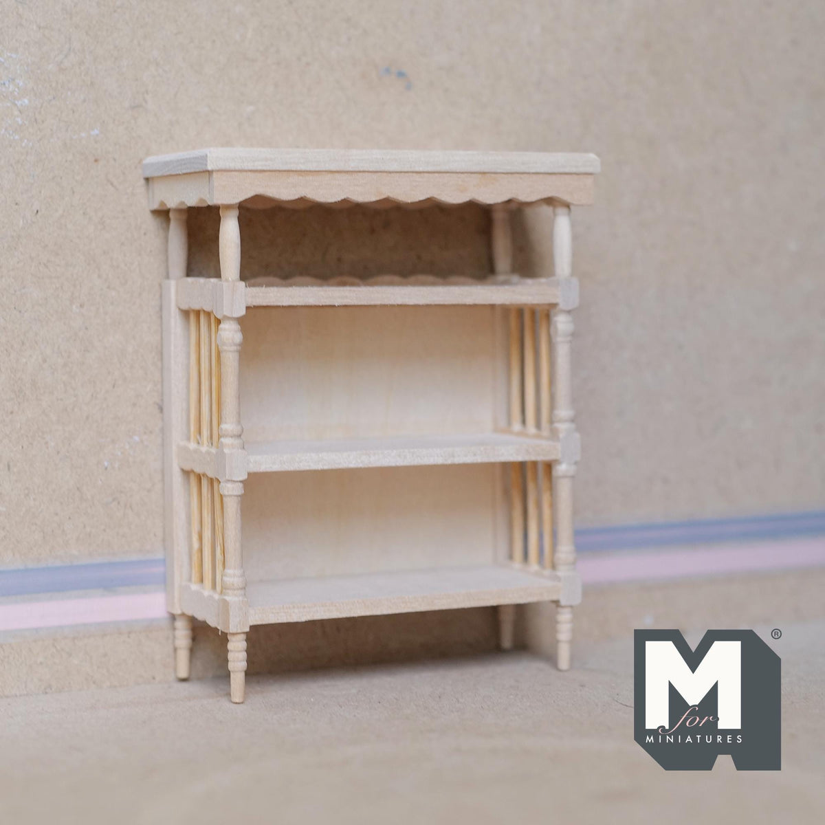 1:12 Scale Miniature Unpainted Bookcase, 3 Shelves, Slatted Sides, 3-15/16 inch tall, DIY Dollhouse Supply (wood)
