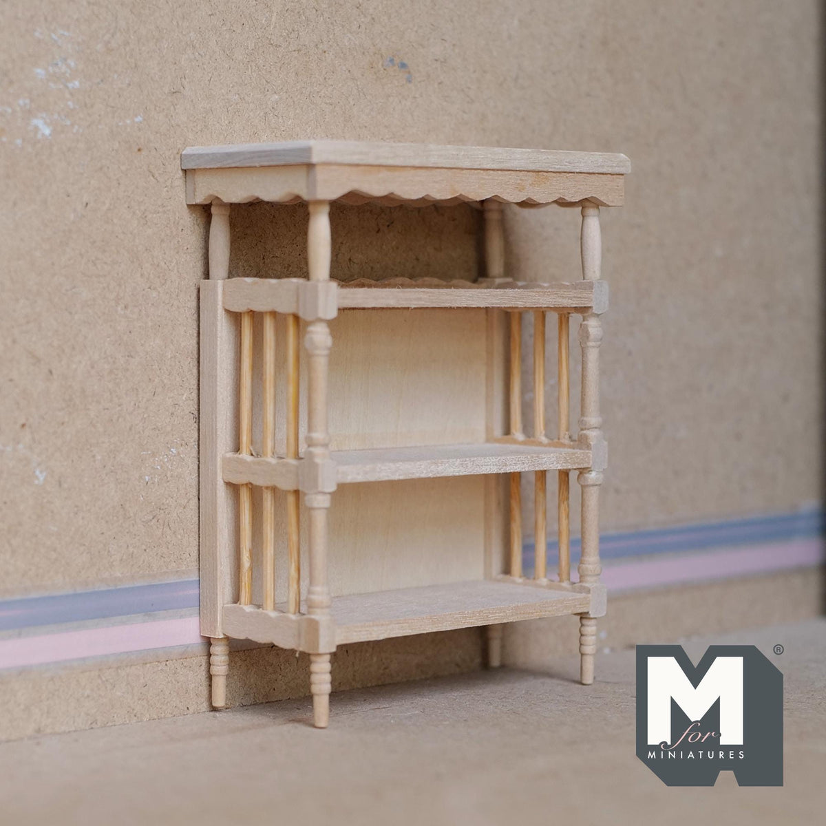 1:12 Scale Miniature Unpainted Bookcase, 3 Shelves, Slatted Sides, 3-15/16 inch tall, DIY Dollhouse Supply (wood)
