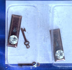 1:12 scale miniature clear faceted door knobs with antique copper backplates and keys, set of 2, in clear packaging