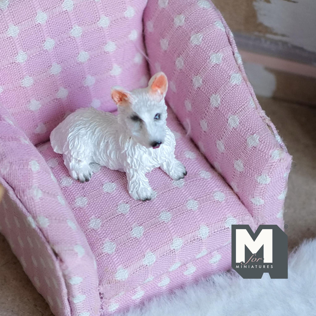 1:12 Scale Miniature Lying Wire Fox Terrier, 1-1/2 inch long, DIY Dollhouse Supply (cast resin) (white)