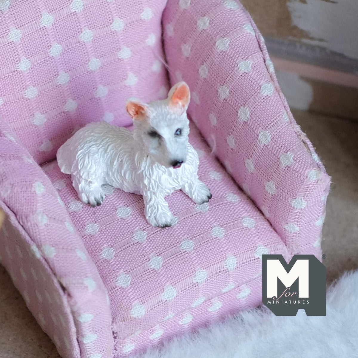 1:12 Scale Miniature Lying Wire Fox Terrier, 1-1/2 inch long, DIY Dollhouse Supply (cast resin) (white)