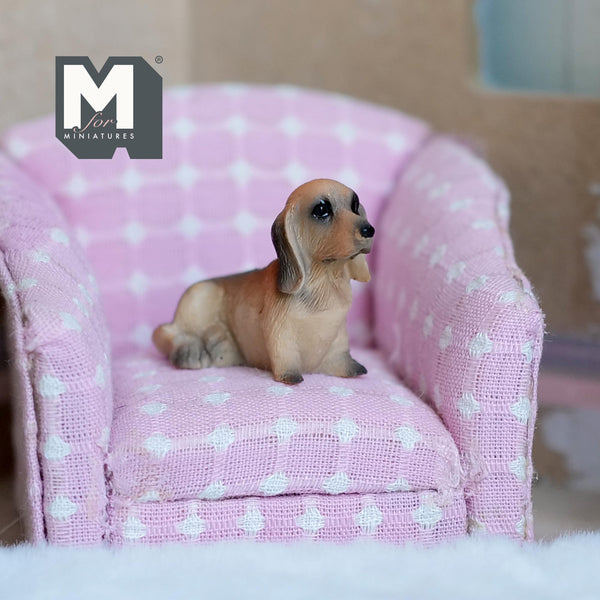 Miniature Laying Dachshund 1:12 Scale Wiener Dog 1-9/16 inch long (cast resin) (black and tan) -