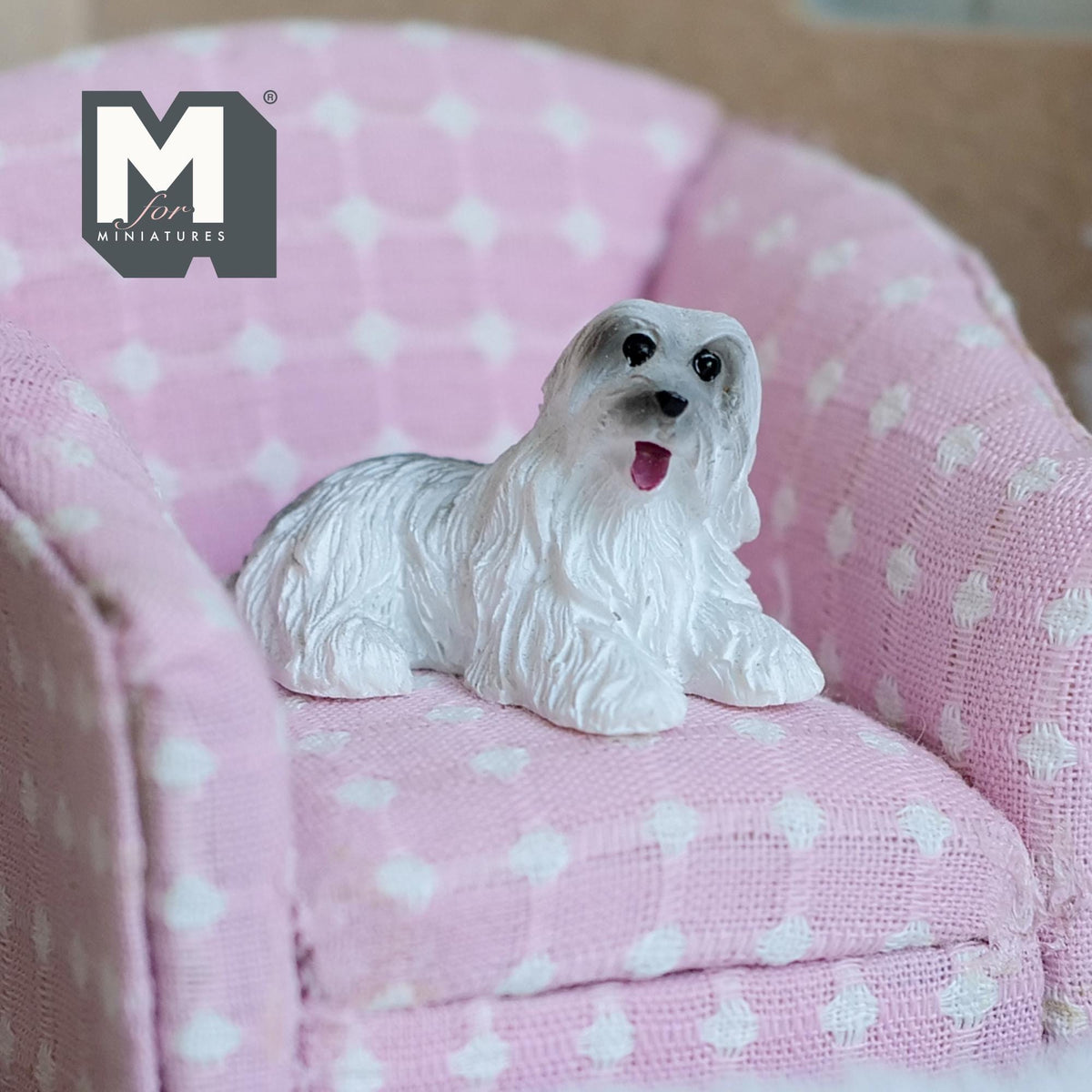 1:12 Scale Miniature Lying Lhasa Apso Dog Figurine, 1-3/8 inch long, DIY Dollhouse Supply (cast resin) (white)