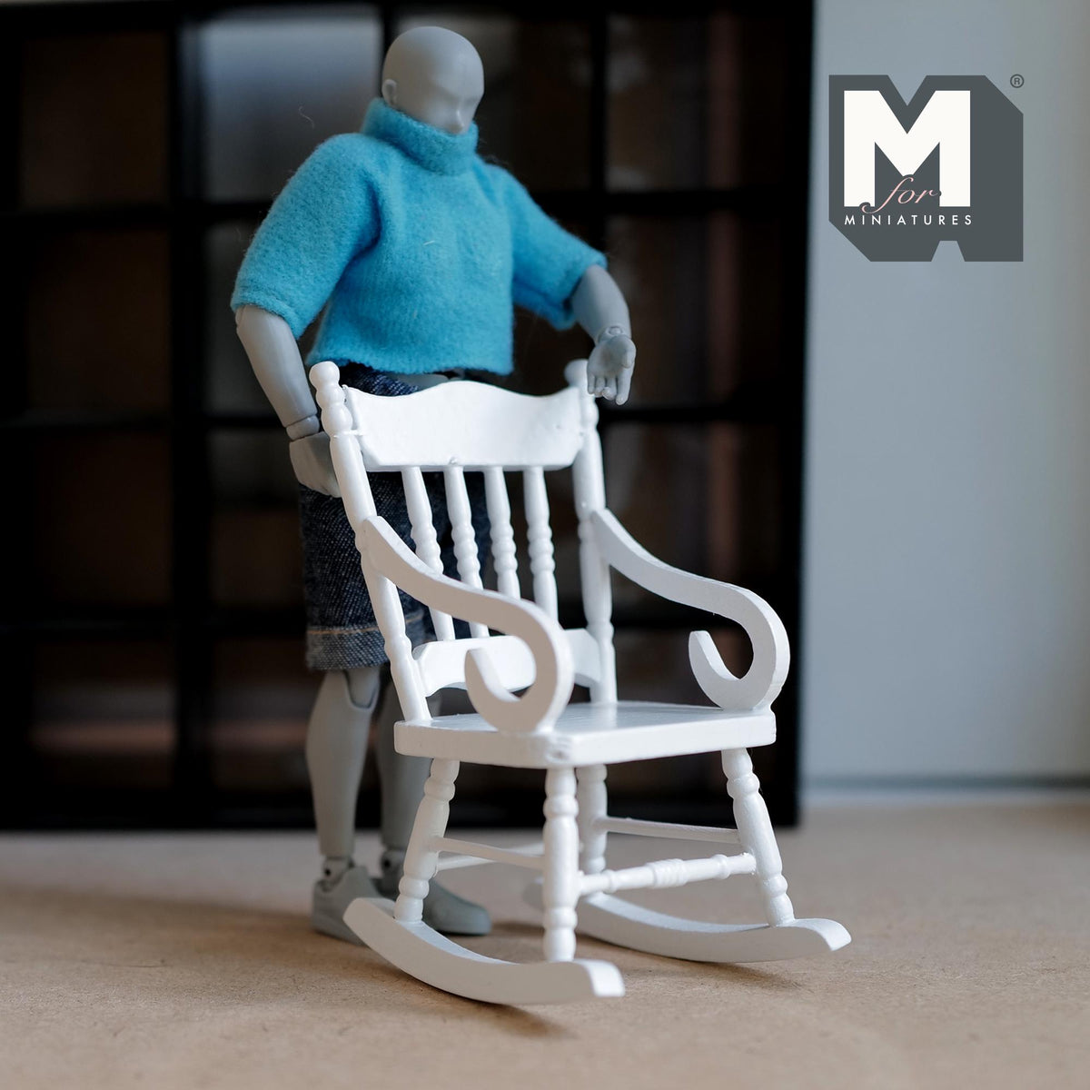 1:12 Scale Miniature Wood Rocking Chair, Spindle Back, 3-11/16 inch tall, DIY Dollhouse Supply (white) (i034)