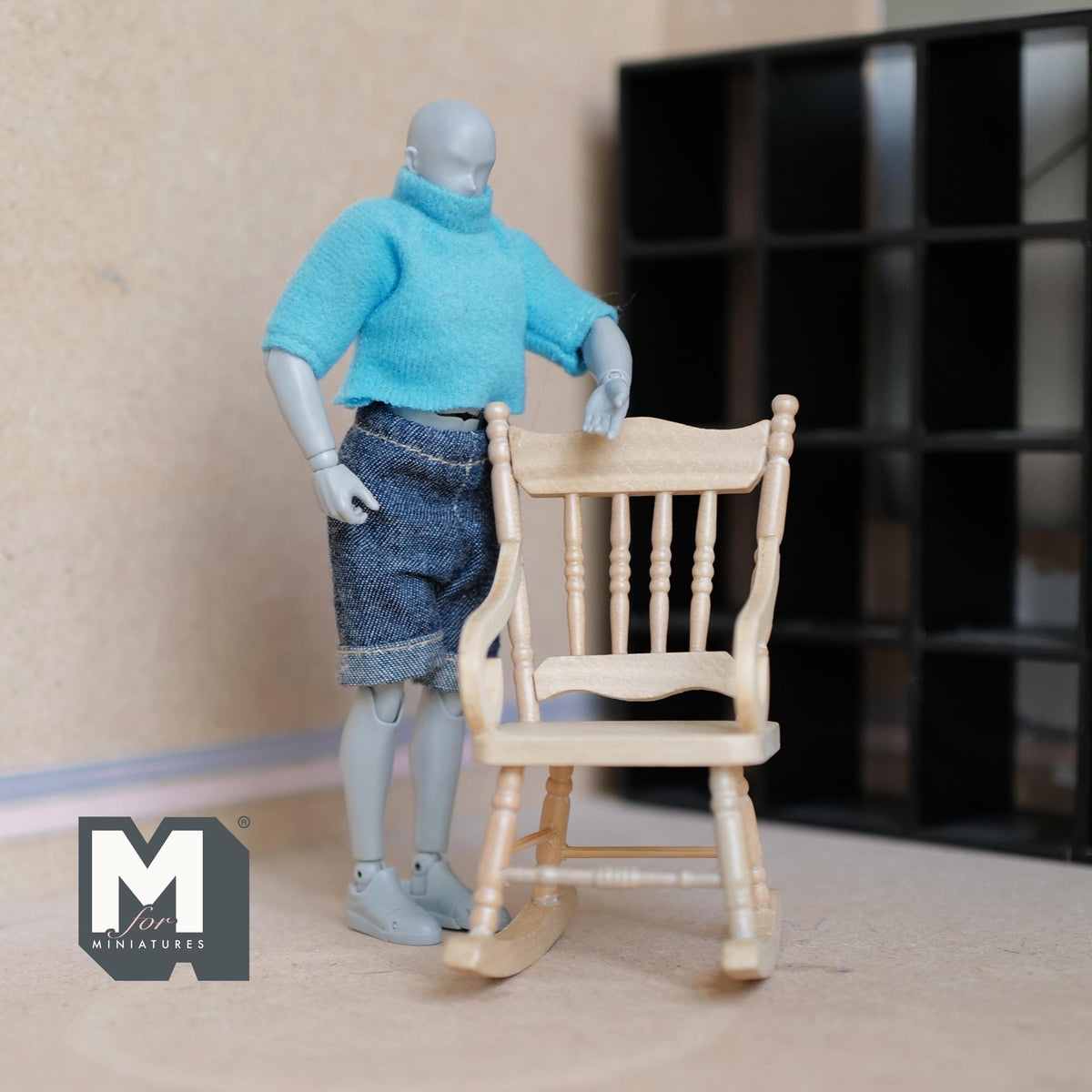 1:12 Scale Miniature Wood Rocking Chair with Spindle Back, 3-11/16 inch tall, DIY Dollhouse Supply (pine)