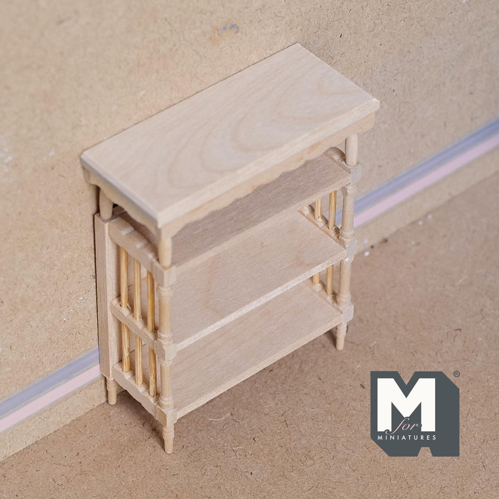 1:12 Scale Miniature Unpainted Bookcase, 3 Shelves, Slatted Sides, 3-15/16 inch tall, DIY Dollhouse Supply (wood)