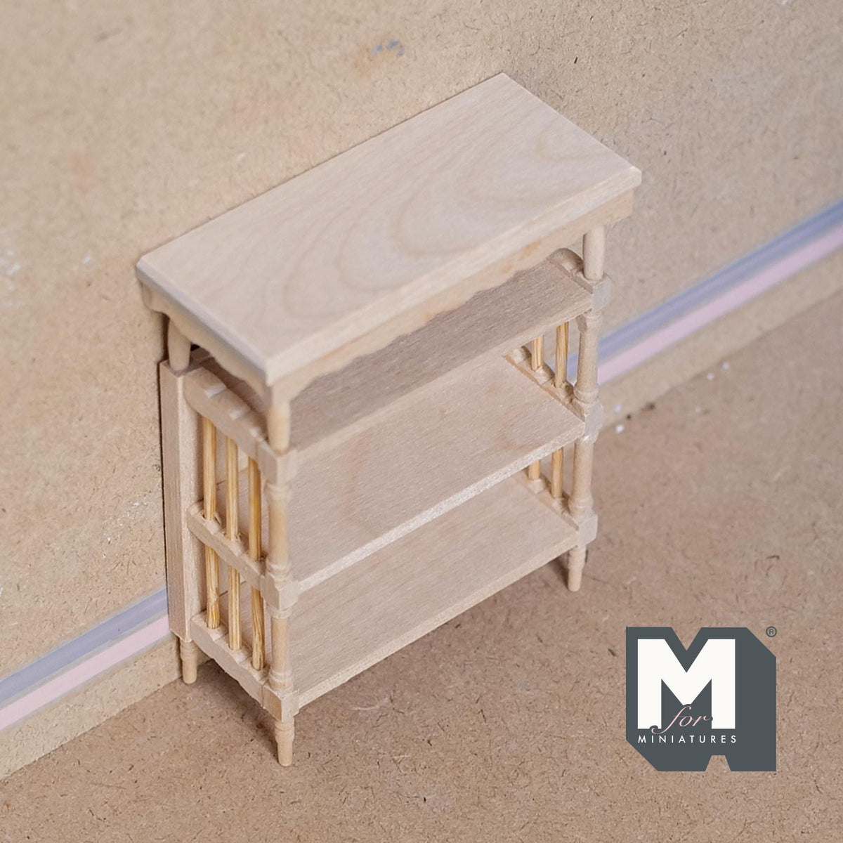1:12 Scale Miniature Unpainted Bookcase, 3 Shelves, Slatted Sides, 3-15/16 inch tall, DIY Dollhouse Supply (wood)