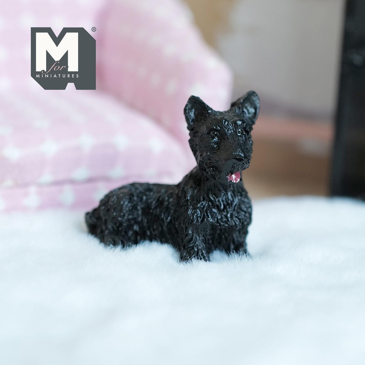 1:12 Scale Miniature Lying Wire Fox Terrier, 1-1/2 inch long, DIY Dollhouse Supply (cast resin) (black)
