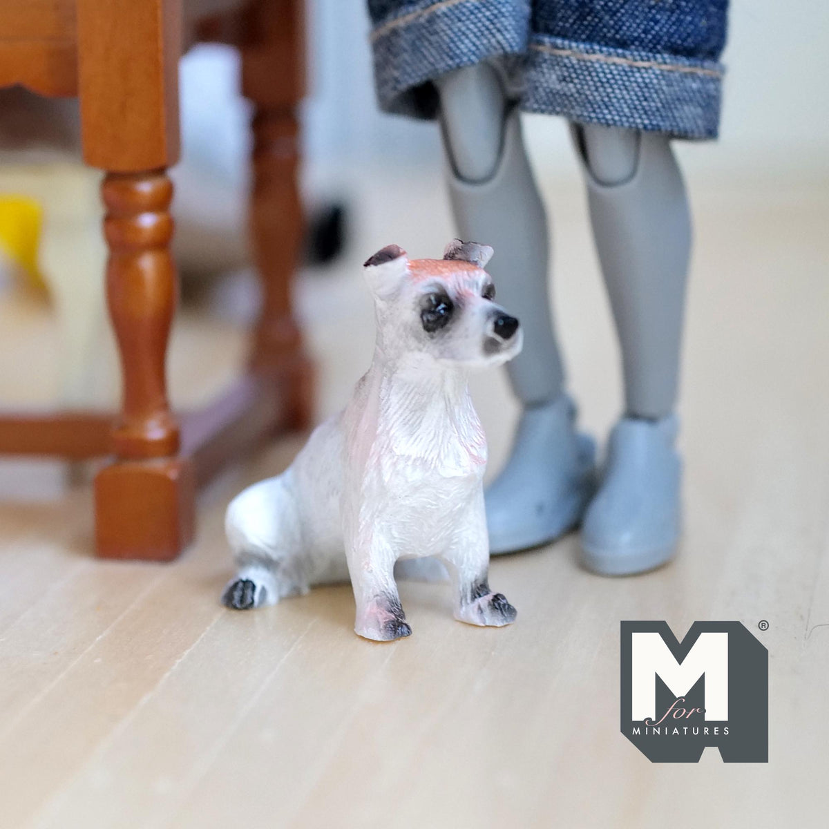 1:12 Scale Miniature Sitting Jack Russell Terrier, 1-5/16 inch tall, DIY Dollhouse Supply (cast resin) (white and tan)