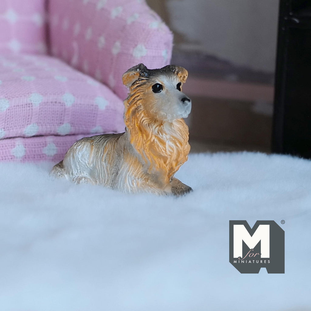 1:12 Scale Miniature Rough Collie Dog Figurine, Lying Down, 1-9/16 inch long, DIY Dollhouse Supply (cast resin) (white and tan)