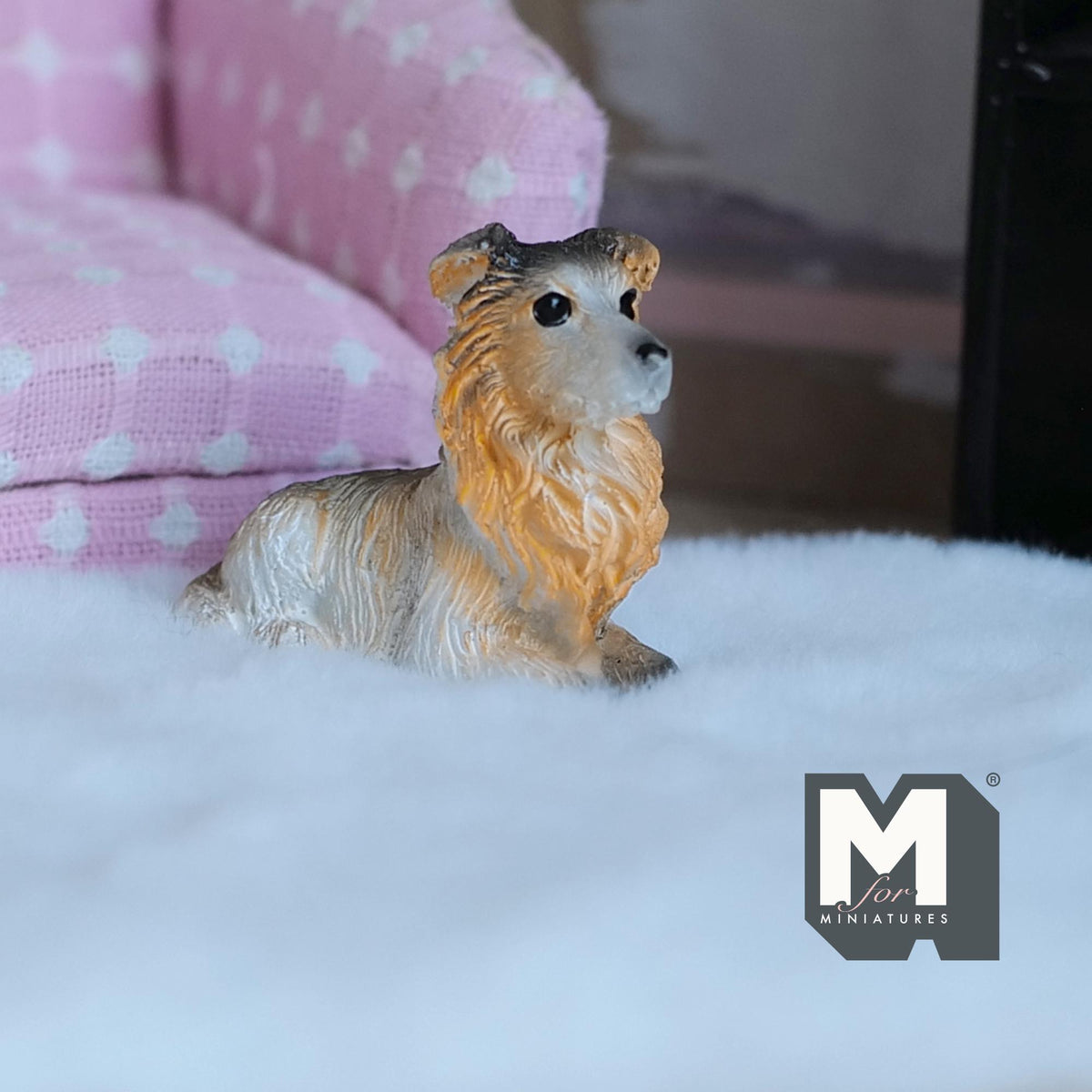 1:12 Scale Miniature Rough Collie Dog Figurine, Lying Down, 1-9/16 inch long, DIY Dollhouse Supply (cast resin) (white and tan)