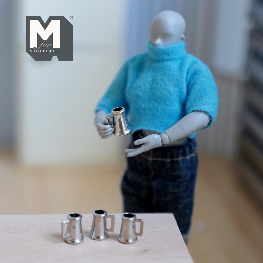 1:12 Scale Miniature Metal Beer Tankards with Handles, Set of 4, 7/16 inch tall, DIY Dollhouse Supply (silver)