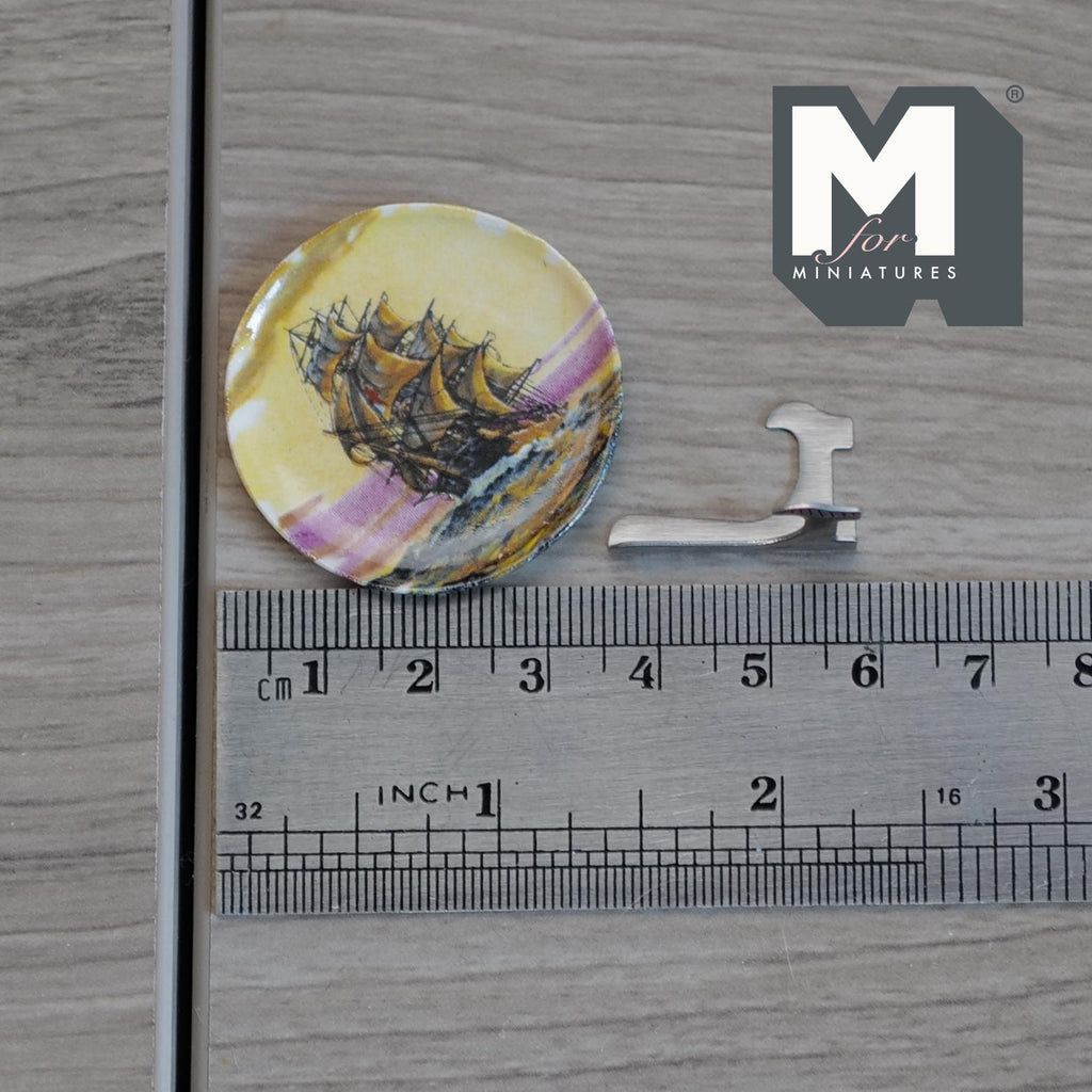 1:12 Scale Miniature Ceramic Decorative Plate with Sailing Ship, Metal Stand, 1-7/16 inch dia., DIY Dollhouse Supply (style a)