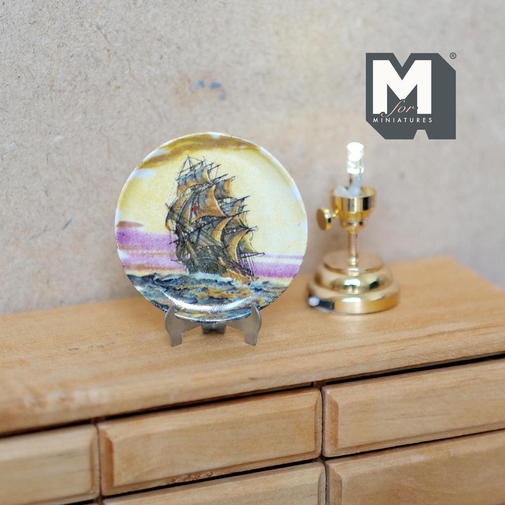 1:12 Scale Miniature Ceramic Decorative Plate with Sailing Ship, Metal Stand, 1-7/16 inch dia., DIY Dollhouse Supply (style a)