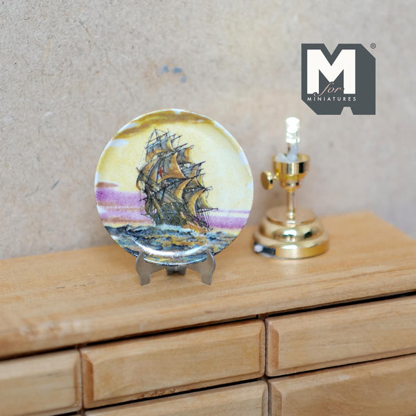 Miniature Ceramic Sailing Boat Platter with Metal Stand 1-7/16 inch dia. (style a) - E086