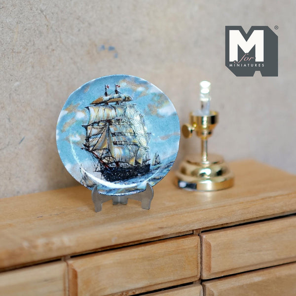 Miniature Ceramic Sailing Boat Platter with Metal Stand 1-7/16 inch dia. (style b) - E086