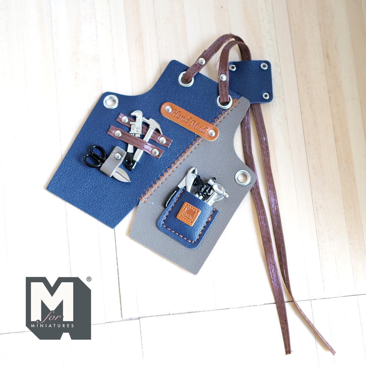 1:10 Scale Miniature Carpenter Tool Apron with 8 Tools, 3-15/16 inch tall, DIY Dollhouse Supply (blue)