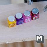 Miniature Fruit Jam Bottles Set of 4 , 1:12 Scale Dollhouse Supplies Food Bottles with Lids 9/16 inch tall (clear resin) - D051