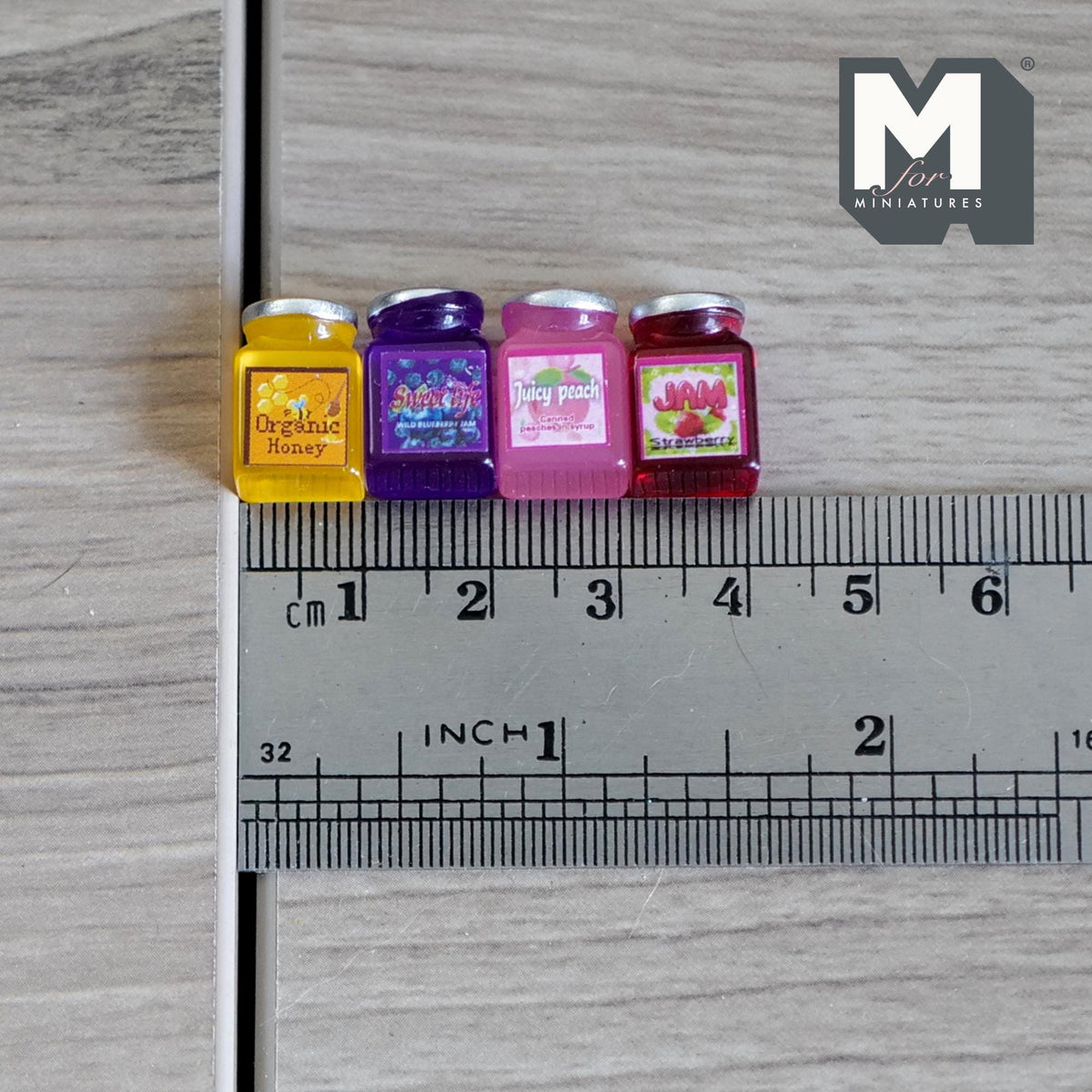 1:12 Scale Miniature Fruit Jam Jars with Lids, Set of 4, 9/16 inch tall, DIY Dollhouse Supply (clear resin)