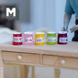 Miniature Fruit Jam Bottles Set of 5 , 1:12 Scale Dollhouse Supplies Food Bottles with Lids 1/2 inch tall (resin) - D050