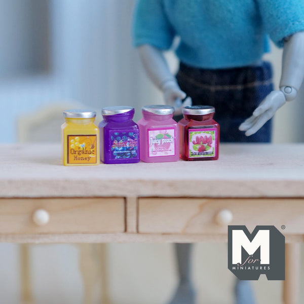 Miniature Fruit Jam Bottles Set of 4 , 1:12 Scale Dollhouse Supplies Food Bottles with Lids 9/16 inch tall (clear resin) - D051