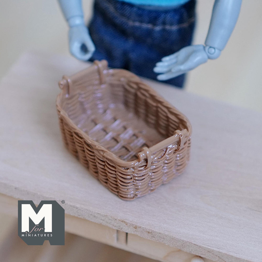 1:12 Scale Miniature Rattan Style Basket with Handles, 1-9/16 inch long, DIY Dollhouse Supply (resin) (light brown)