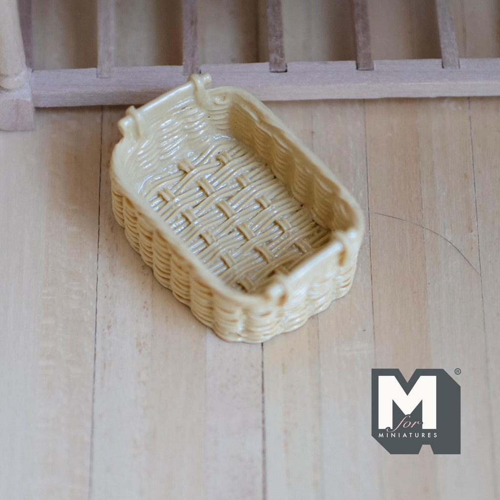1:12 Scale Miniature Rattan Style Basket with Handles, 1-9/16 inch long, DIY Dollhouse Supply (resin) (beige)