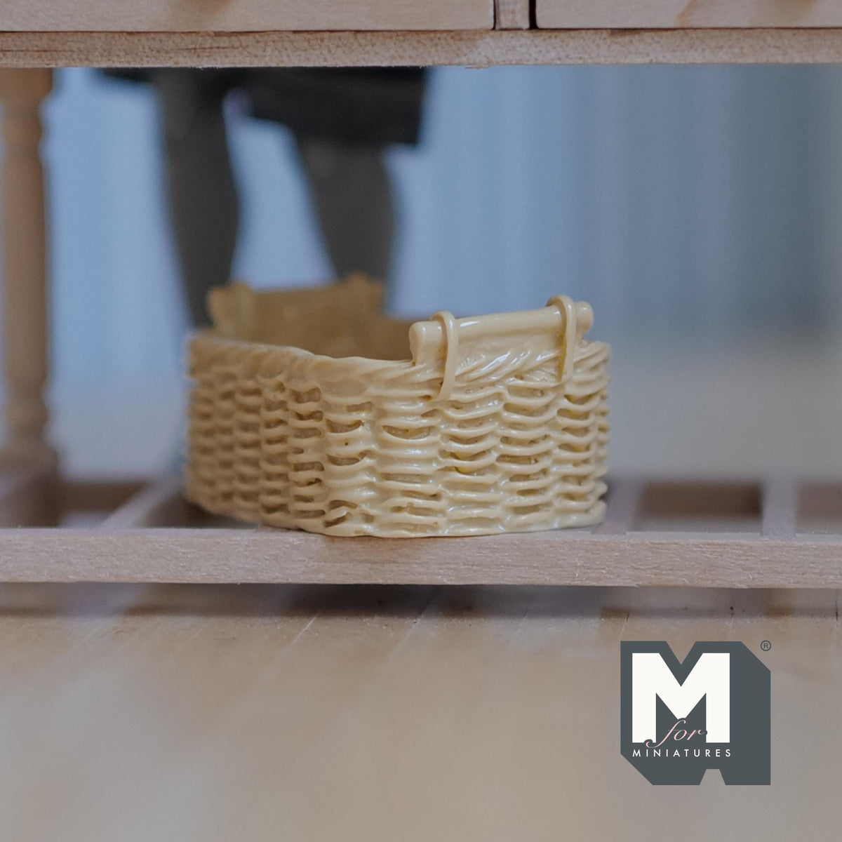 1:12 Scale Miniature Rattan Style Basket with Handles, 1-9/16 inch long, DIY Dollhouse Supply (resin) (beige)