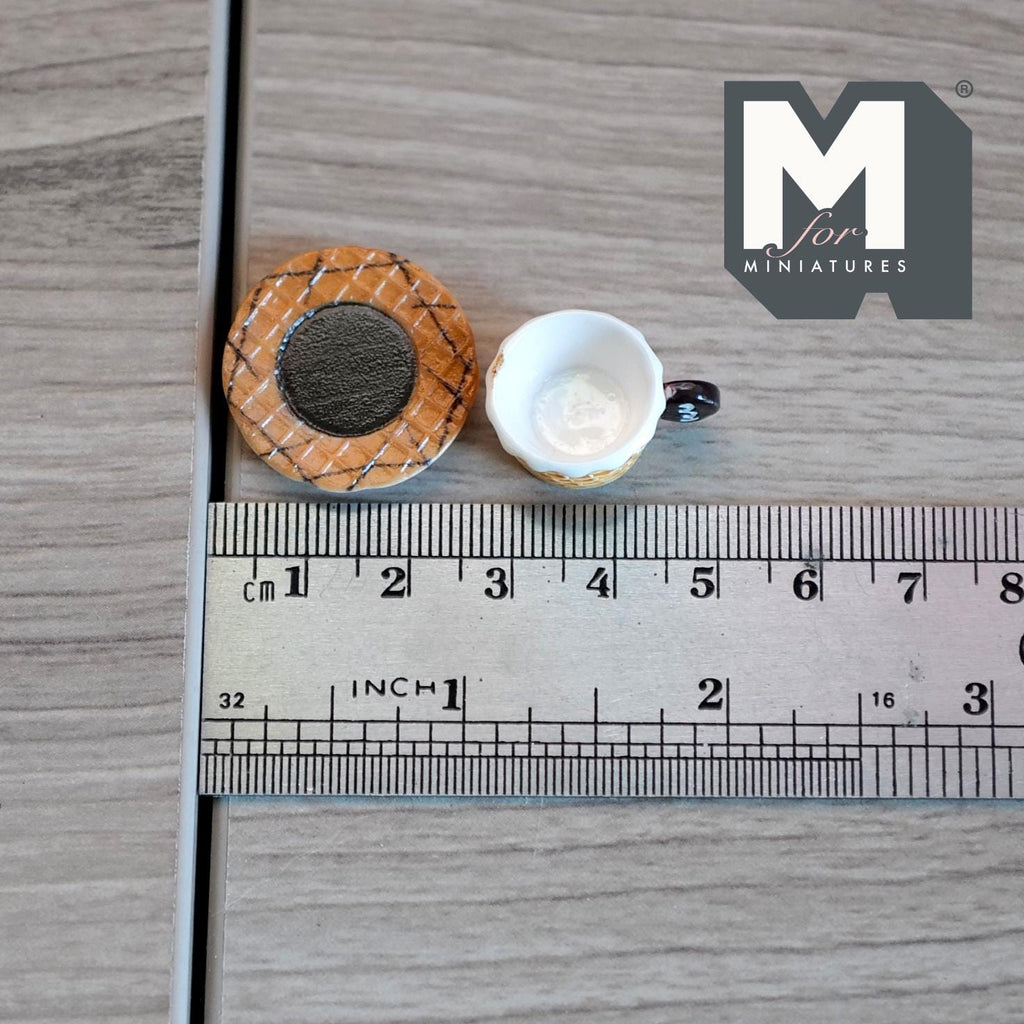 1:6 Scale Miniature Waffle Pattern Cup and Saucer, Set of 2, 7/16 inch tall, DIY Dollhouse Supply (dark brown)