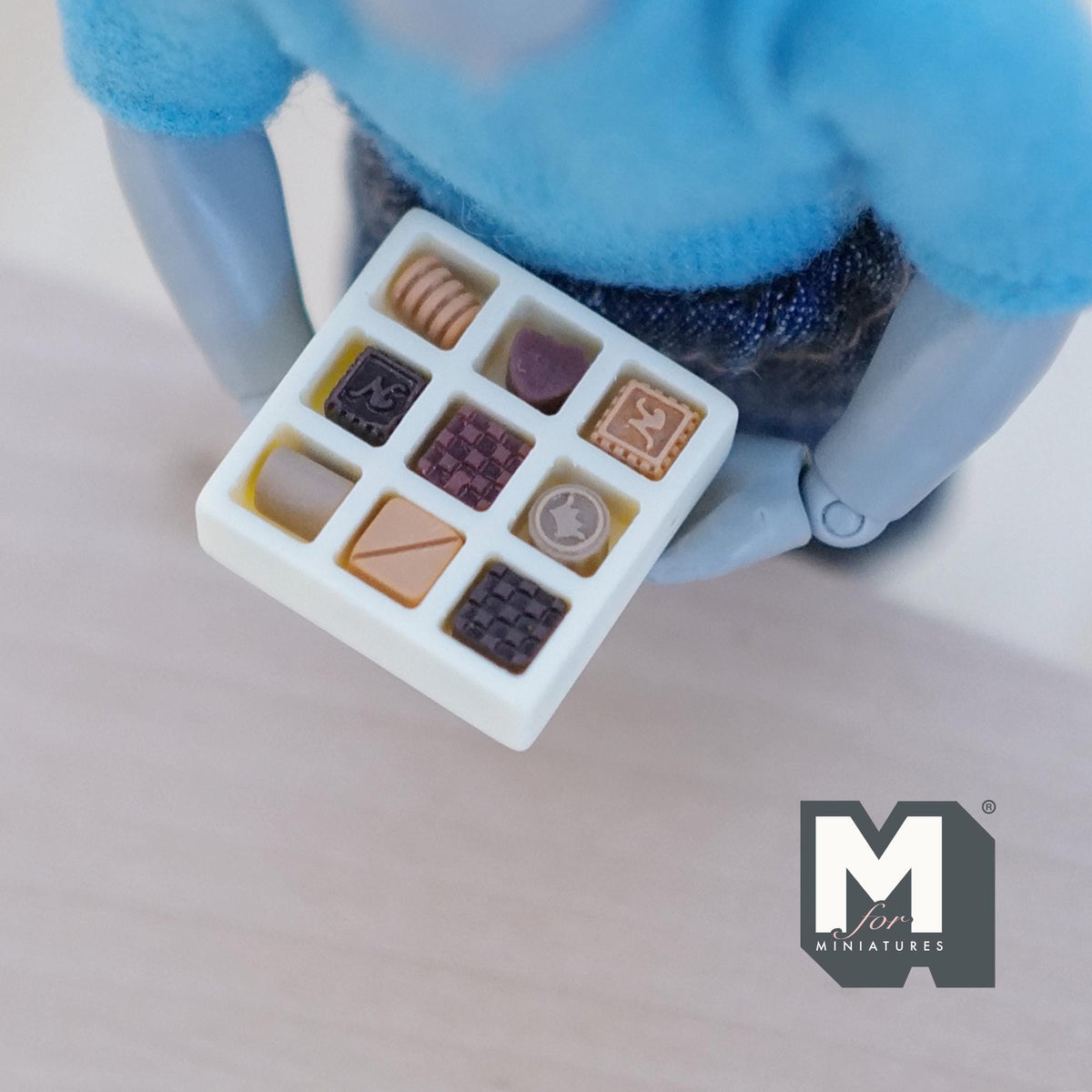 1:12 Scale Miniature Box of Chocolates, 9 Assorted Pieces, 3/16 inch tall, DIY Dollhouse Supply (non edible) (resin)