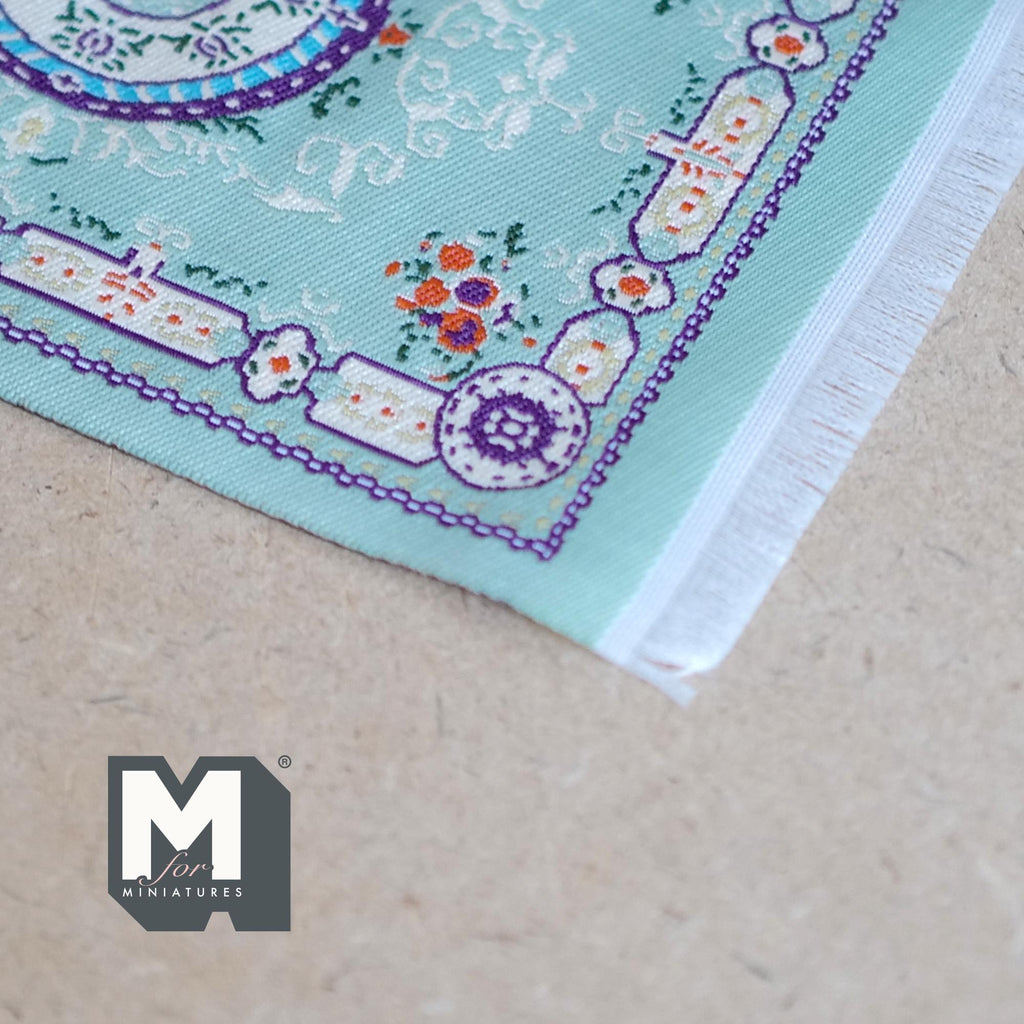 1:12 Scale Miniature Medallion Area Rug with Fringe, Floral Corners, 6-1/2 inch long, DIY Dollhouse Supply (mint green)