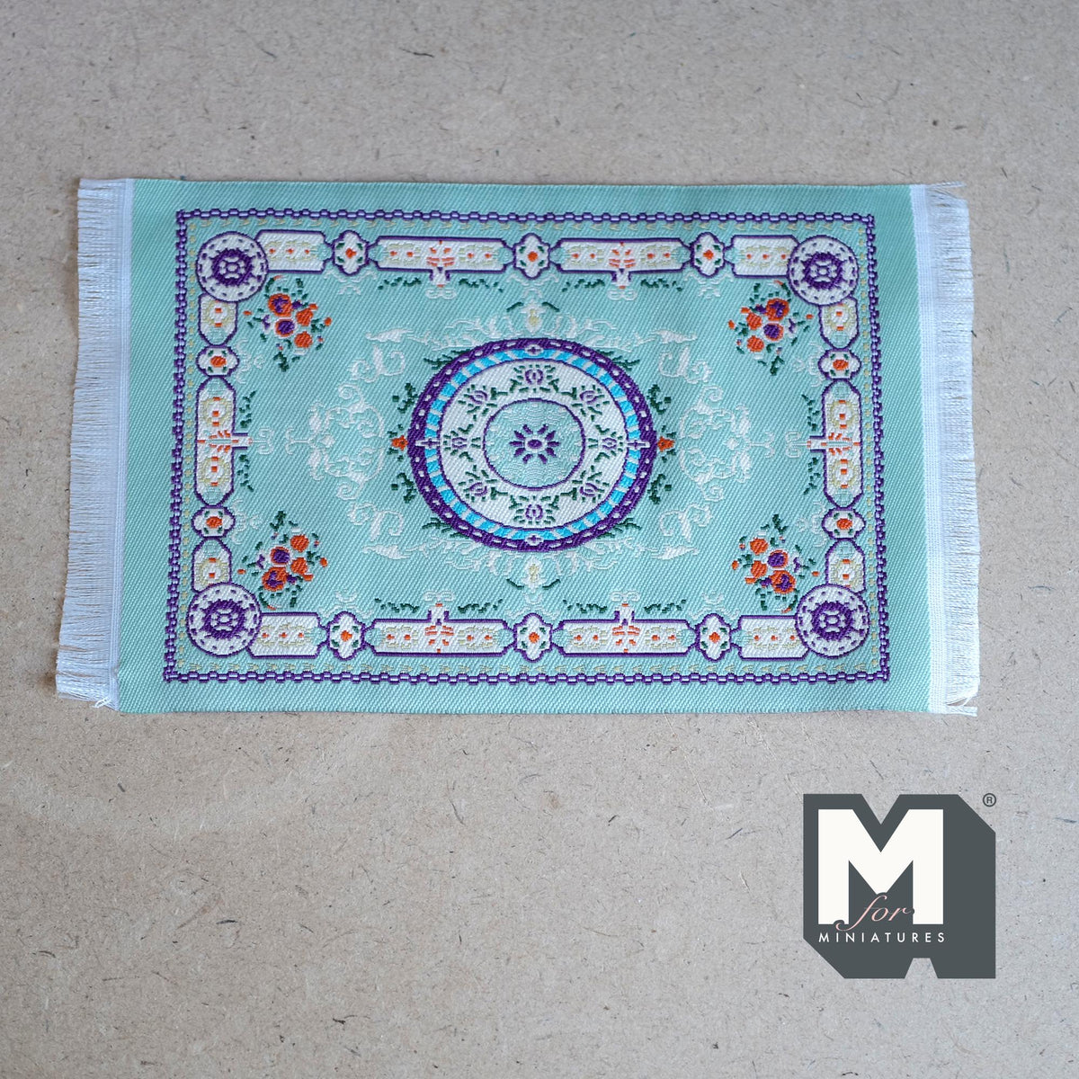 1:12 Scale Miniature Medallion Area Rug with Fringe, Floral Corners, 6-1/2 inch long, DIY Dollhouse Supply (mint green)