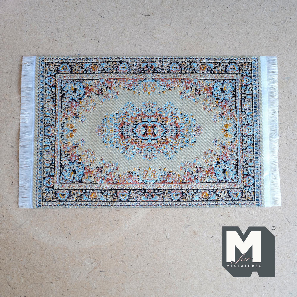 1:12 Scale Miniature Medallion Area Rug with Fringe, 6-7/16 inch long, DIY Dollhouse Supply (beige)