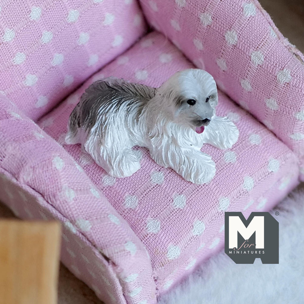 1:12 Scale Miniature Lying Lhasa Apso Dog Figurine, 1-3/8 inch long, DIY Dollhouse Supply (cast resin) (white)
