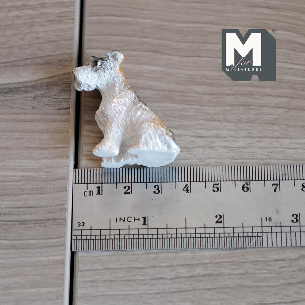 1:12 Scale Miniature Sitting Wire Fox Terrier, 1-5/8 inch tall, DIY Dollhouse Supply (cast resin) (white and tan)
