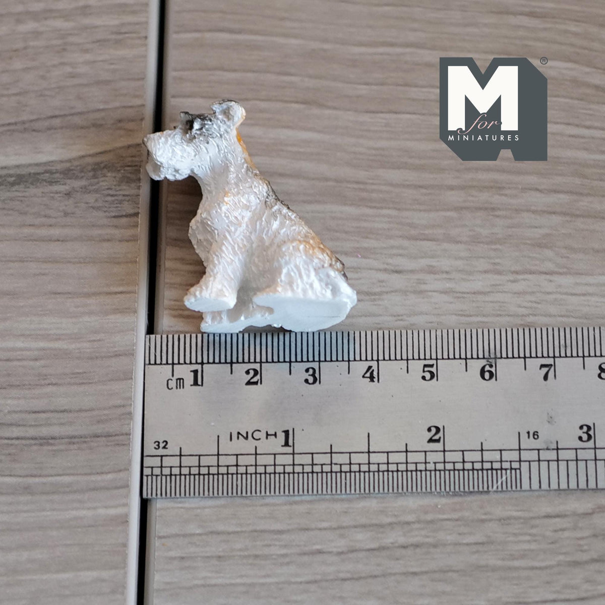 1:12 Scale Miniature Sitting Wire Fox Terrier, 1-5/8 inch tall, DIY Dollhouse Supply (cast resin) (white and tan)