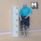 1:12 scale miniature cube locker cabinet in white with 5 compartments, shown beside a poseable figure for scale