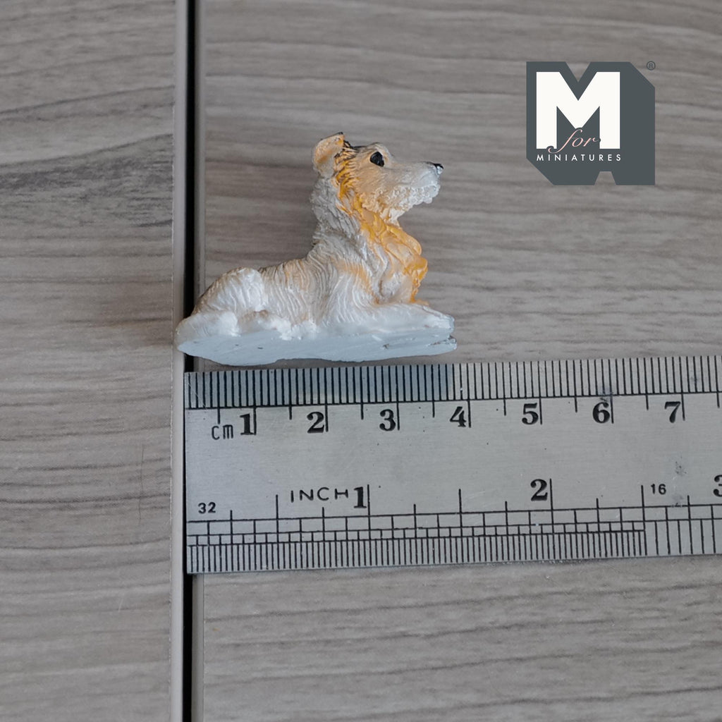 1:12 Scale Miniature Rough Collie Dog Figurine, Lying Down, 1-9/16 inch long, DIY Dollhouse Supply (cast resin) (white and tan)