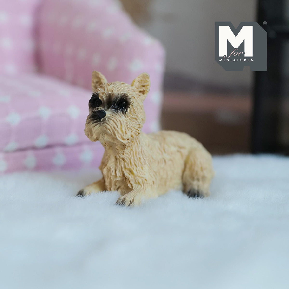 1:12 Scale Miniature Lying Cairn Terrier, 1-5/8 inch long, DIY Dollhouse Supply (cast resin) (beige)