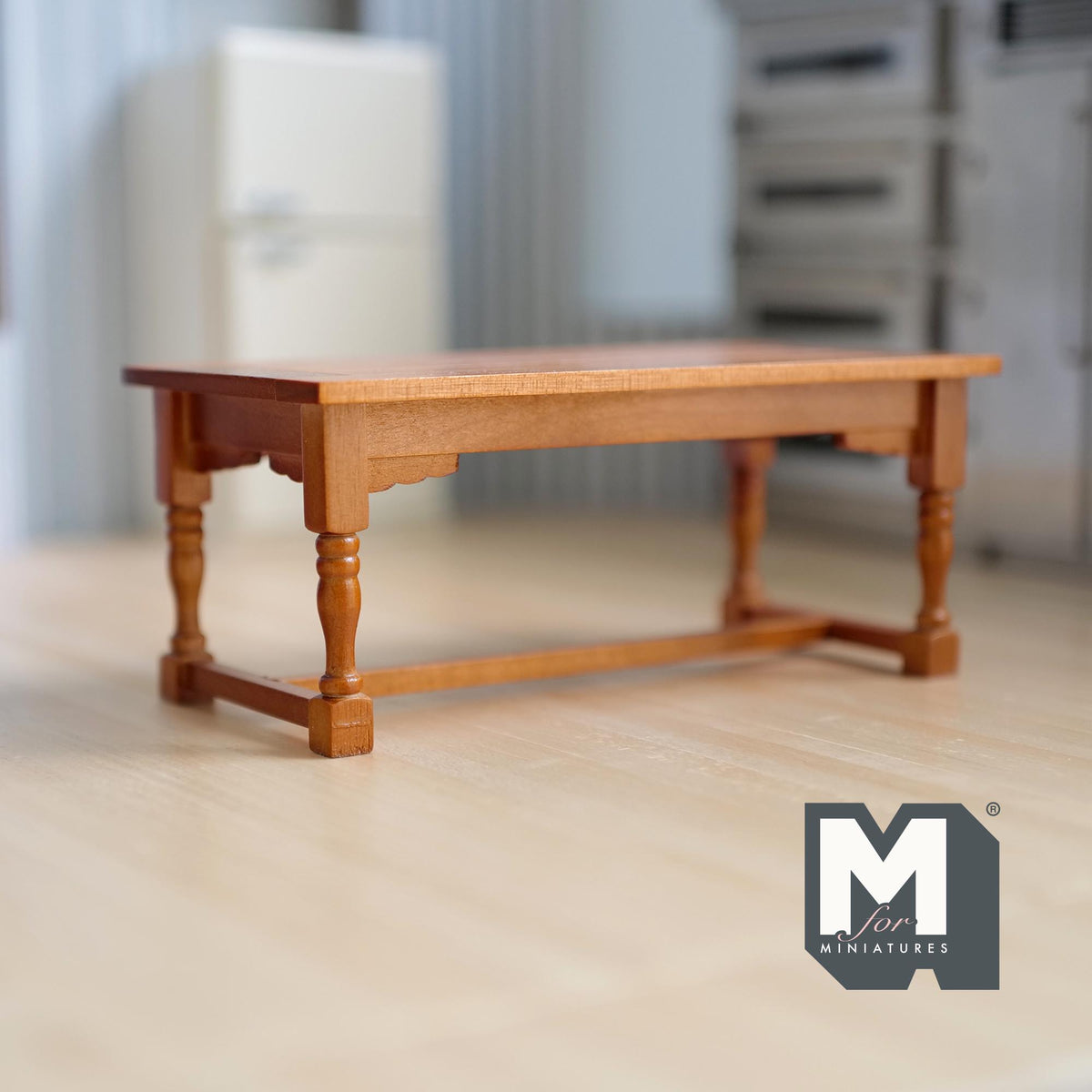 1:12 Scale Miniature Refectory Dining Table, Turned Legs, Stretchers, 5-13/16 inch long, DIY Dollhouse Supply (wood) (stained)