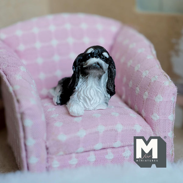 Miniature Laying Spaniel 1:12 Scale Cavalier King Charles Spaniel Figurine 1-11/16 inch long (cast resin) (black and white) -